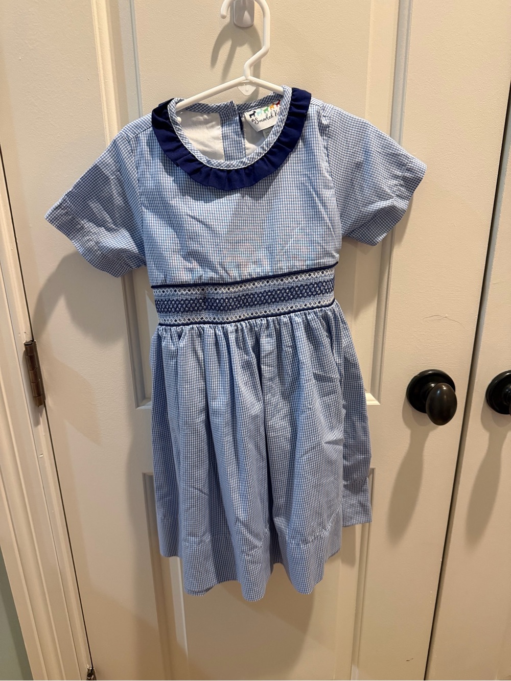 Light Blue Gingham Smocked Girls' Dress with Navy Ruffle Collar